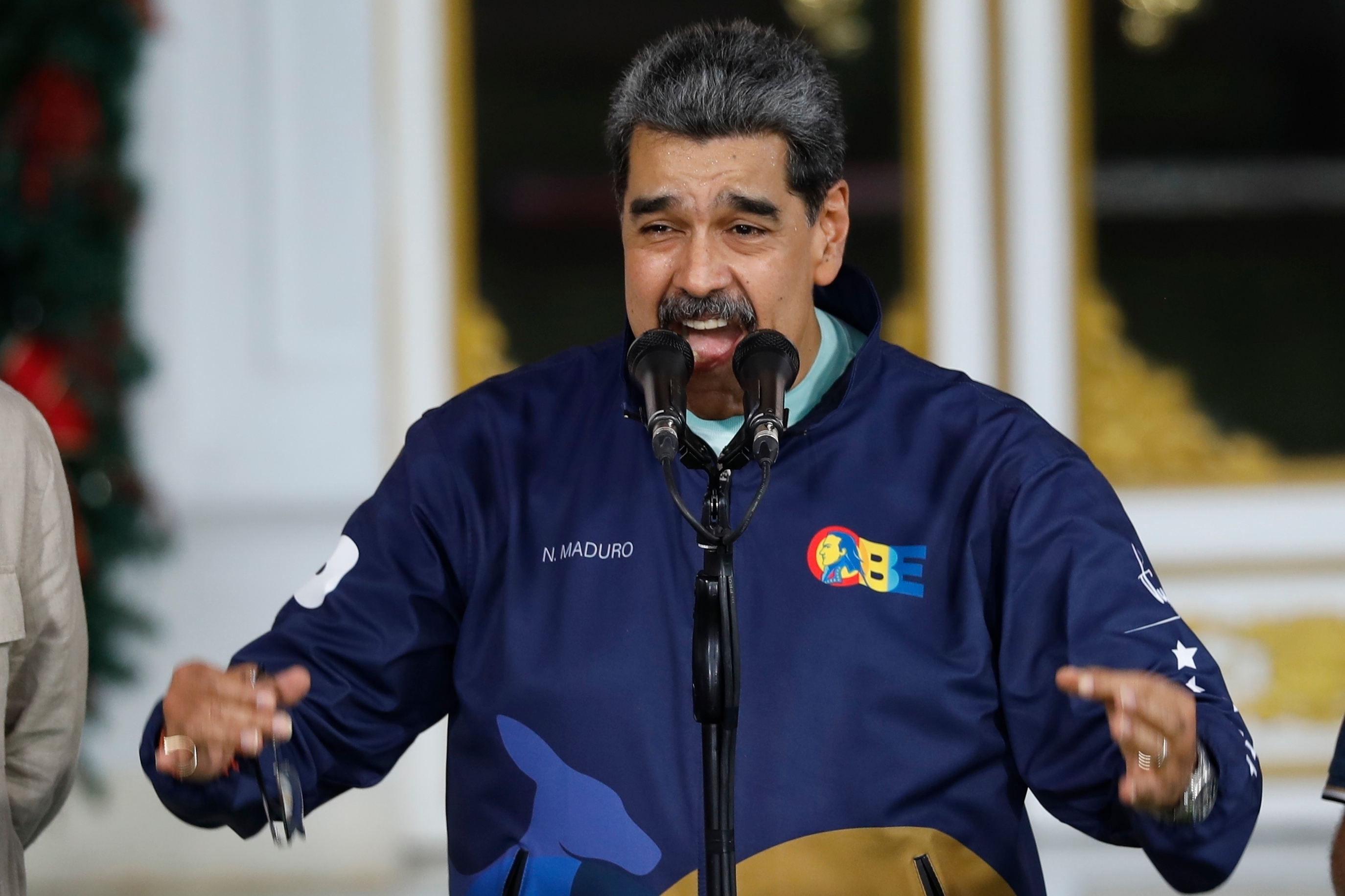 Venezuelan President Nicolas speaks during a Student Day event at the Miraflores presidential palace in Caracas, Venezuela, Friday, Nov. 21, 2025.